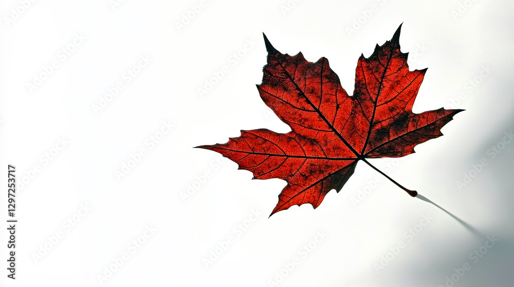 Poster bright red maple leaf gracefully floating on a soft white background, casting a gentle shadow