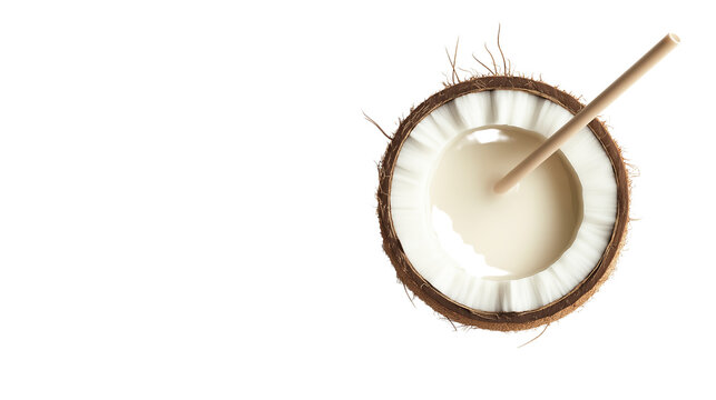 Fresh coconut with a straw, ready to drink, exotic tropical refreshment, isolated on white background, PNG format, top view