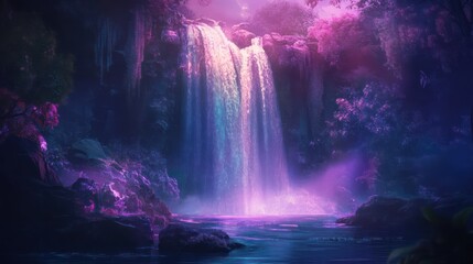 A beautiful waterfall cascades into a mystical purple and pink setting