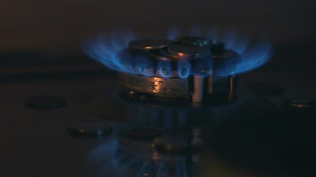 Burning burner on a gas stove.
The coins are on the gas stove.
The kopecks symbolize the rise in gas prices.
Gas prices.
Gas trading.
Burning gas in the kitchen