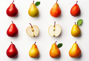 Süße Birnen und frische Blätter in der saisonalen Natur auf weißem Hintergrund

