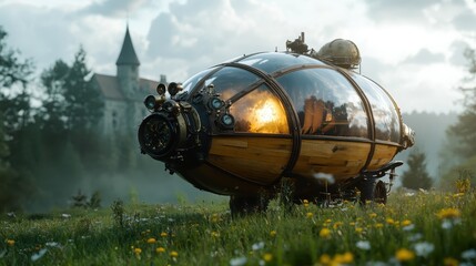 A stunning steampunk airship with intricate details gracefully hovers above a lush landscape, capturing the imagination and showcasing the fusion of fantasy and engineering.