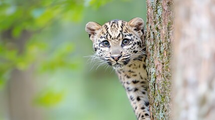 Obraz premium Curious leopard cub peeks from behind a mossy tree trunk in a lush green forest.
