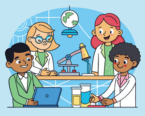 A group of diverse students collaborating on a science project in a modern classroom