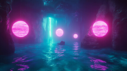 Enchanting cave with glowing orbs and magical water reflections for mystical design