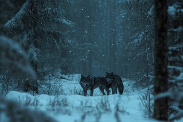 Naklejka premium Two Wolves in a Snowy Forest with Twinkling Sky
