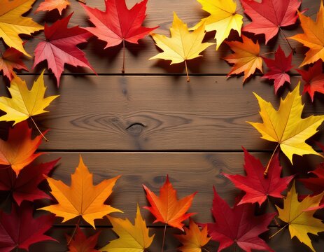 autumn leaves on wooden background