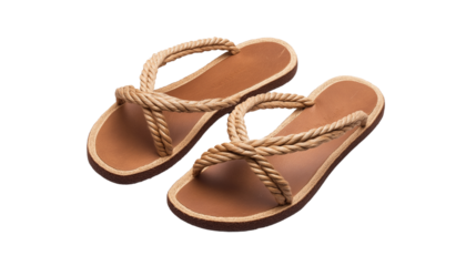 Fashionable beach sandals with rope straps, boho summer footwear, isolated on white background, PNG format, top view
