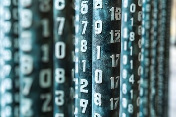 Unveiling the Digital Code: A close-up perspective on cylindrical structures, each uniquely adorned with a series of numerical symbols, suggesting a modern interpretation of coding, computation.