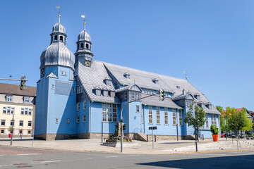 The blue Market Church of the Holy Spirit in Clausthal-Zellerfeld (Lower Saxony) is Germany's...