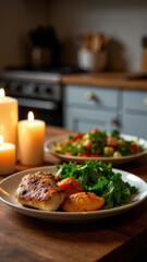 Romantic Candlelit Dinner: Grilled Chicken and Salad in a Cozy Kitchen