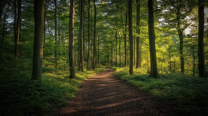 Fototapeta premium A sunlit path winds through a beautiful green forest setting