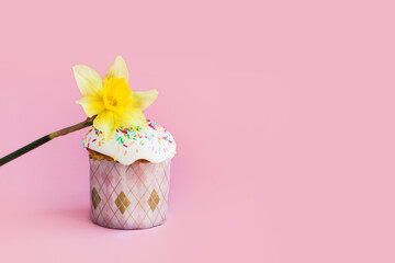 Traditional russian Easter ortodox cake with daffodil flower and colorful eggs on light pink background. Kulic, Kulich, Paska homemade bread with glaze. Spring christian holiday. Festive celebration