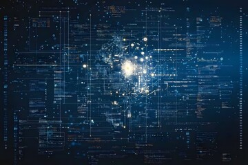 Fototapeta premium Digital Universe: A mesmerizing representation of the digital world, filled with intricate data streams, glowing nodes, and interconnected networks, creating a captivating visual tapestry.