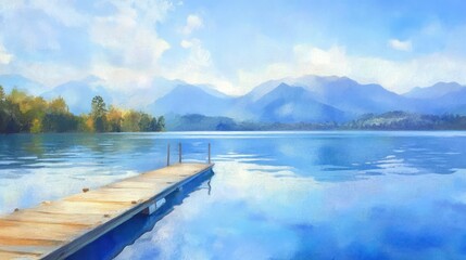 Obraz premium Tranquil lakeside landscape featuring mountains and a wooden dock