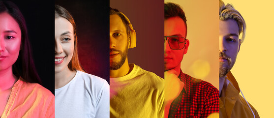 Set of toned portraits of different people on dark color background