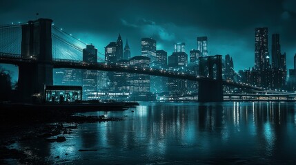 New York City skyline at night, urban bridge over water, reflected lights. Possible stock photo use
