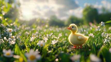 Fluffy Duckling Strolling Vibrant Meadow Colorful Blossoms High Resolution