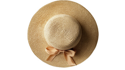 Wide-brim straw hat with a decorative ribbon, beach fashion essential, isolated on white background, PNG format, top view