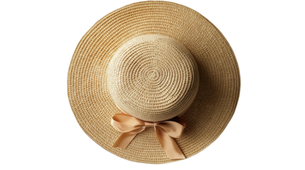 Wide-brim straw hat with a decorative ribbon, beach fashion essential, isolated on white background, PNG format, top view