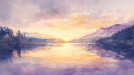 Fototapeta premium Beautiful serene lake scene with mountains and colorful sunrise