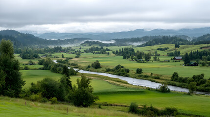 Serene river valley landscape, misty mountains, farmland