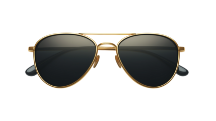 Trendy sunglasses with gold frame and dark lenses, stylish summer accessory, isolated on white background, PNG format, top view