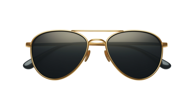 Trendy sunglasses with gold frame and dark lenses, stylish summer accessory, isolated on white background, PNG format, top view