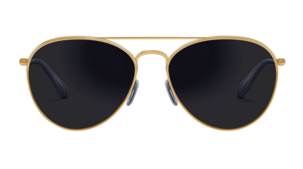 Trendy sunglasses with gold frame and dark lenses, stylish summer accessory, isolated on white background, PNG format, top view