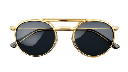Trendy sunglasses with gold frame and dark lenses, stylish summer accessory, isolated on white background, PNG format, top view