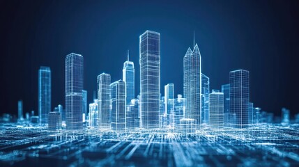 Digital city skyline, futuristic urban landscape, technological background, smart city concept