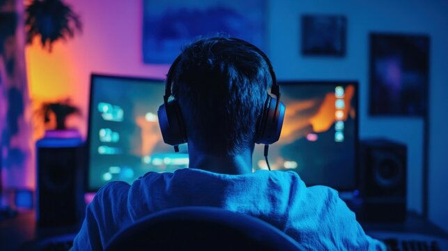 Gamer playing online video game at home using computer and headphones. Professional gamer playing online video game on computer in neon light room, back view.