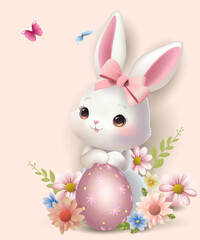 Adorable rabbit among flowers. Greeting card, banner