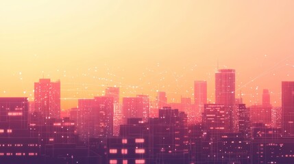 Cityscape at dawn with digital connections