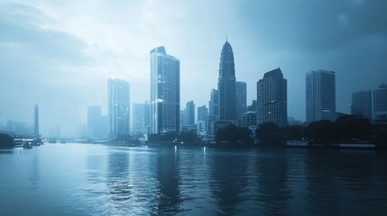 Fototapeta premium City skyline reflected in river at dawn