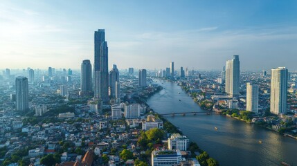 Fototapeta premium Aerial view of Bangkok city skyline and river. Possible stock photo use Illustrative image of a bustling metropolis
