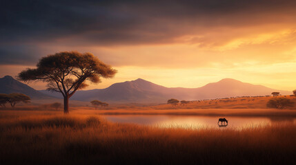 Fototapeta premium Einzelner Baum steht ruhig am Ufer eines offenen Gewässers bei Sonnenuntergang
