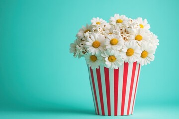 Creative Floral Arrangement in Red and White Striped Container with Daisies and Popcorn
