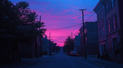 A Purple and Blue Sunset Over a Peaceful Residential Street