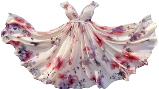 Lightweight floral summer dress, elegant flowy fabric, isolated on white background, PNG format, top view