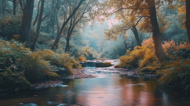 A serene autumn forest landscape features a tranquil flowing river scene