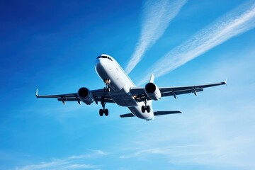 Obraz premium Airplane Flying Through Clear Blue Sky with Contrails and Bright Sunlight Above Cityscape