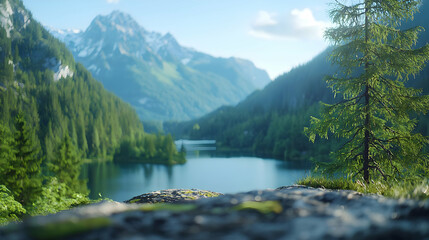 Obraz premium Mountain lake serenity scenic view, calm water, green forests, majestic peaks