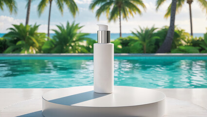 Naklejka premium bottle of sunscreen near the pool, summer tropics