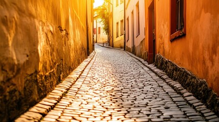 Naklejka premium Tranquil Cobblestone Alleyway in Historic European Town at Sunrise
