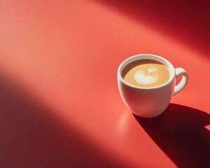 A cup of coffee with a heart-shaped latte art design on a red surface, symbolizing warmth, love, and comfort, perfect for a cozy coffee moment or Valentine's Day.