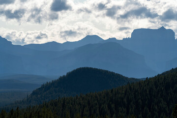 Obraz premium Layers of pine forest and mountains filling the horizon under cloudy sky