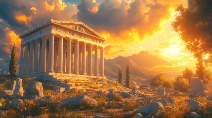 Obraz premium Sun setting behind ancient temple high resolution hd image