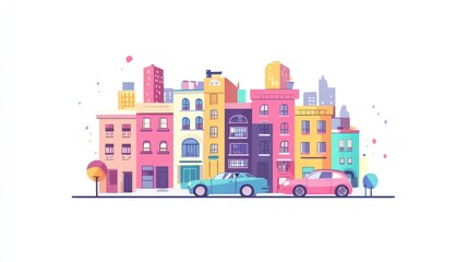 Obraz premium Colorful cartoon cityscape with cars, a view of a city scene. Possible use background image for a presentation, or poster, or app design