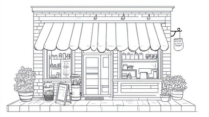 Cute cafe storefront, black and white,  exterior, for coloring book